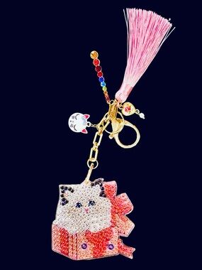 Handmade Double-Sided Rhinestone Cat Keychain with Crystal Accent & Pink Tassel